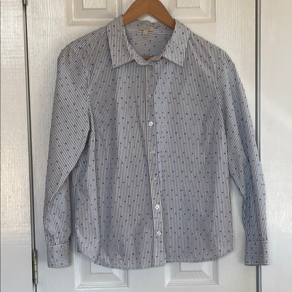 Talbots Women’s Shirt - Blue stripe and Multi-colored Dot Large Petite